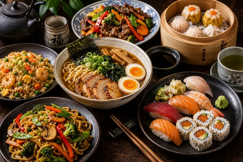 An Asian meal of rice, stir-fried vegetables and noodles