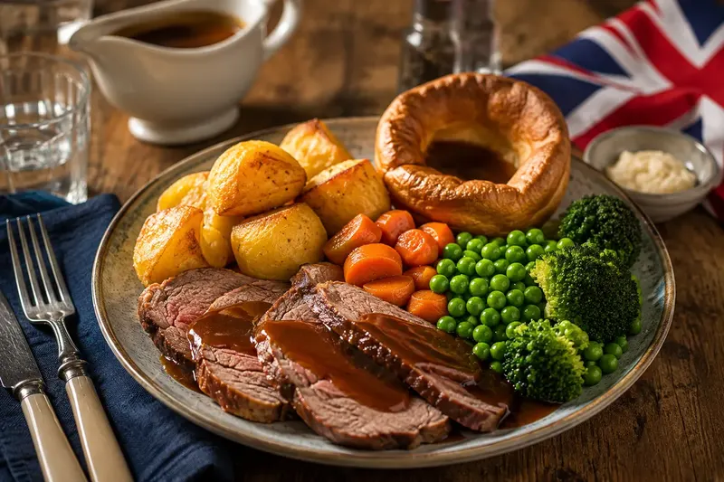 A British roast dinner with chicken, potatoes and vegetables