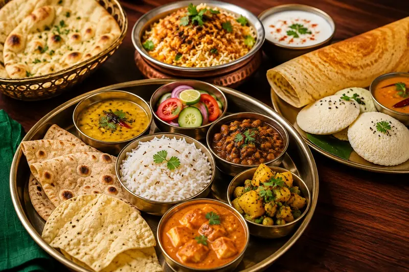 An Indian thali with dal, rice, roti and vegetable dishes