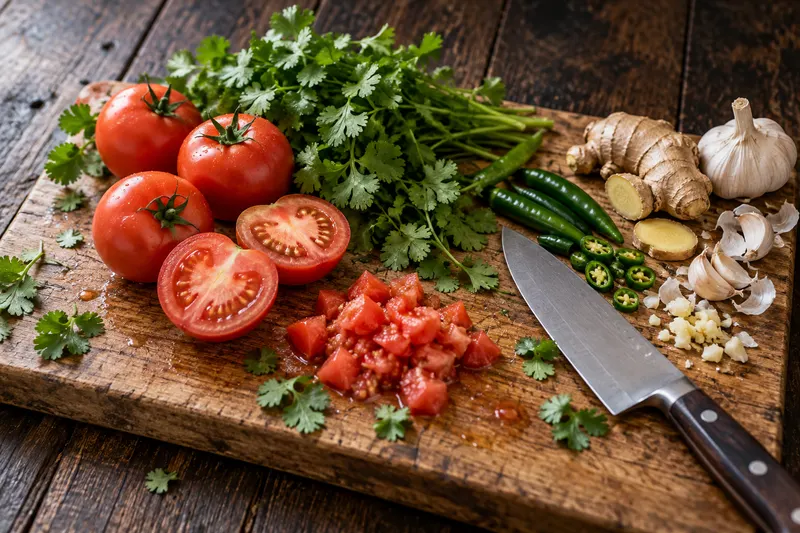 Fresh vegetables and herbs on a chopping board mid-preparation