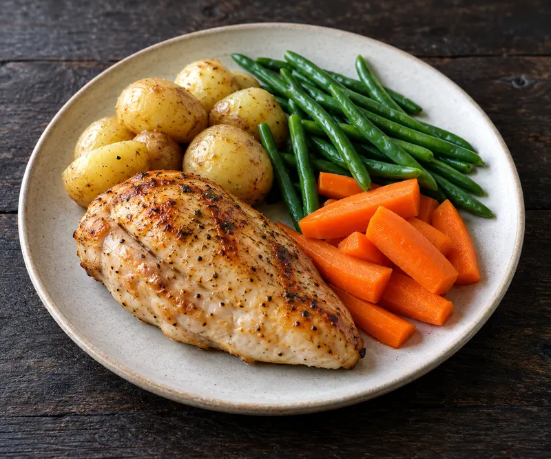 A plate of roast chicken with new potatoes and green vegetables