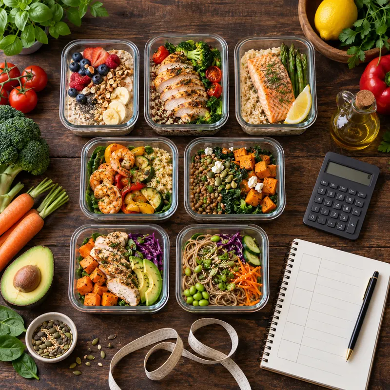 Fresh ingredients and a notebook laid out on a kitchen counter