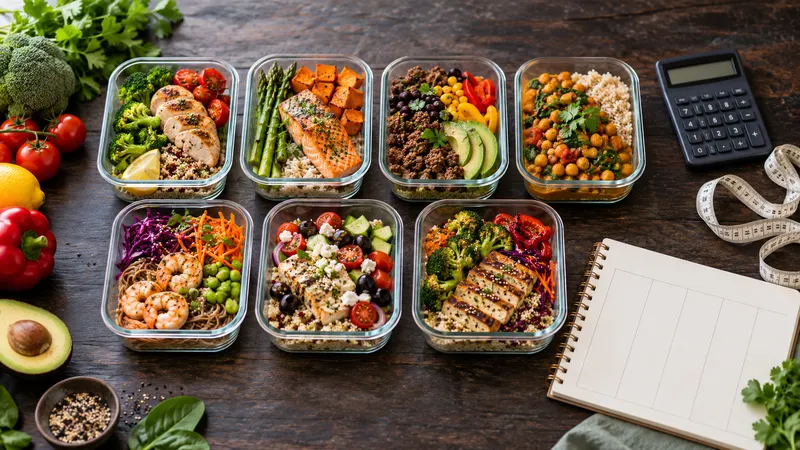 Balanced portions of food weighed out on a kitchen scale