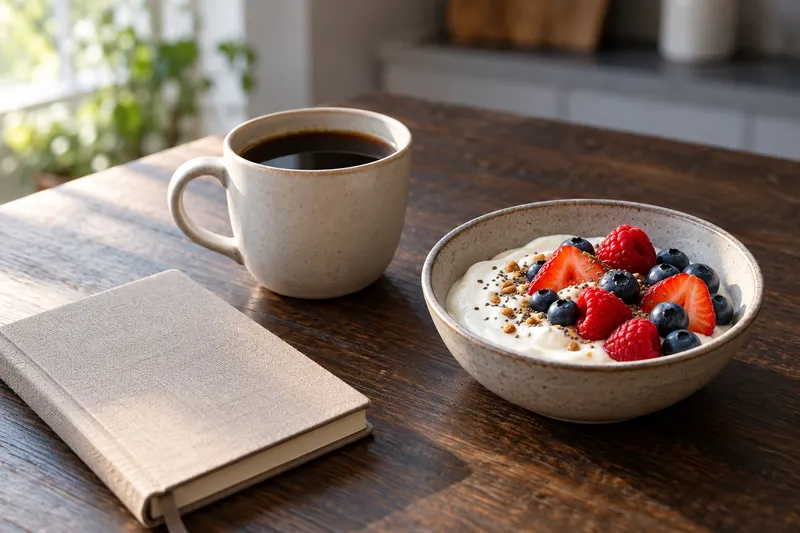 A cup of coffee beside a notebook and a bowl of yoghurt with berries