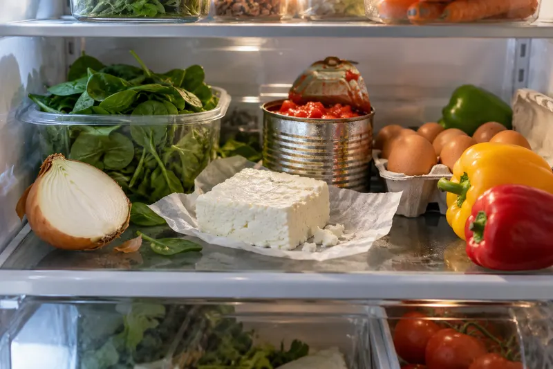 An open fridge shelf with onion, paneer, tomatoes, eggs and spinach