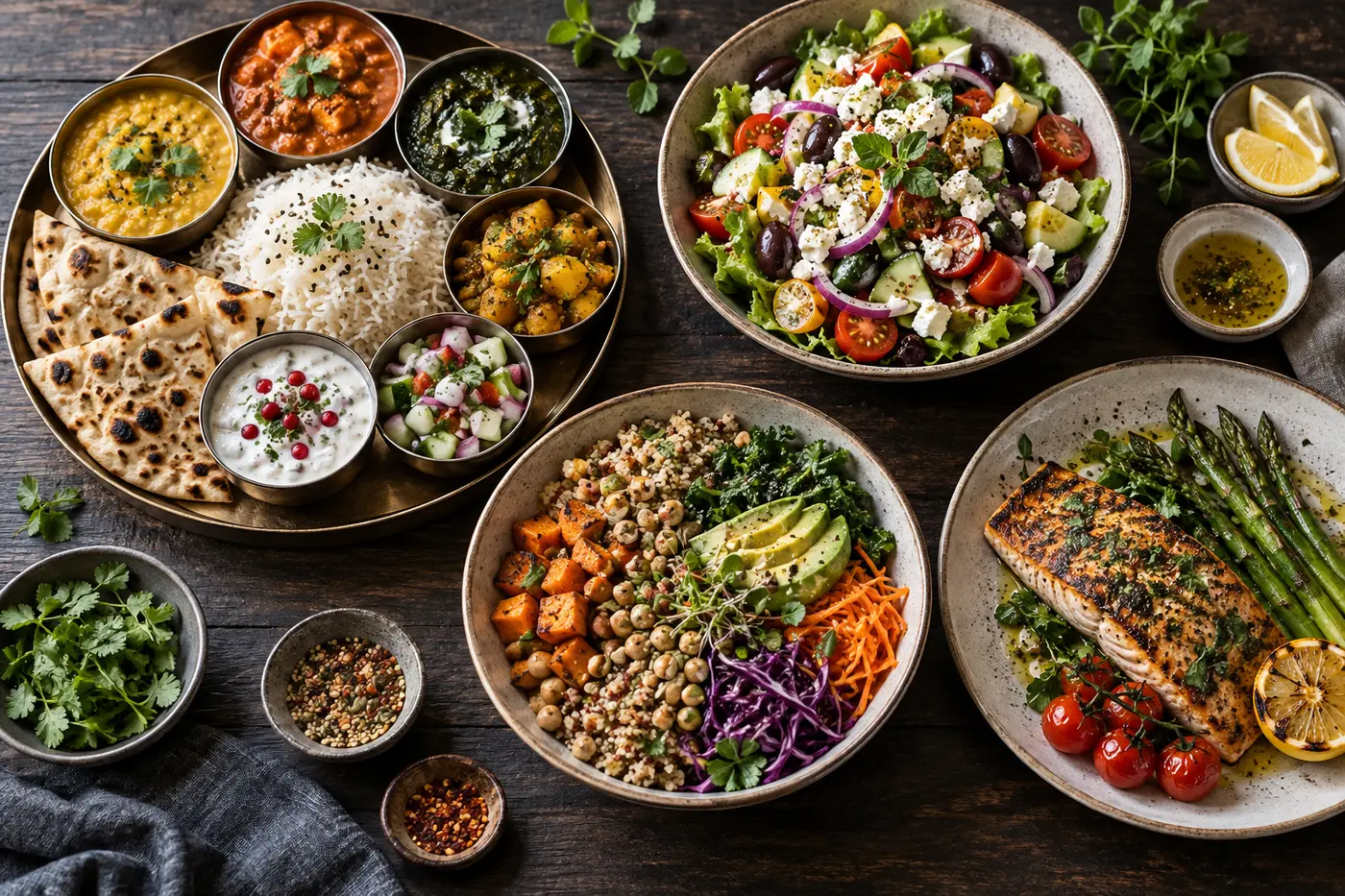 An overhead spread of healthy dishes from several cuisines