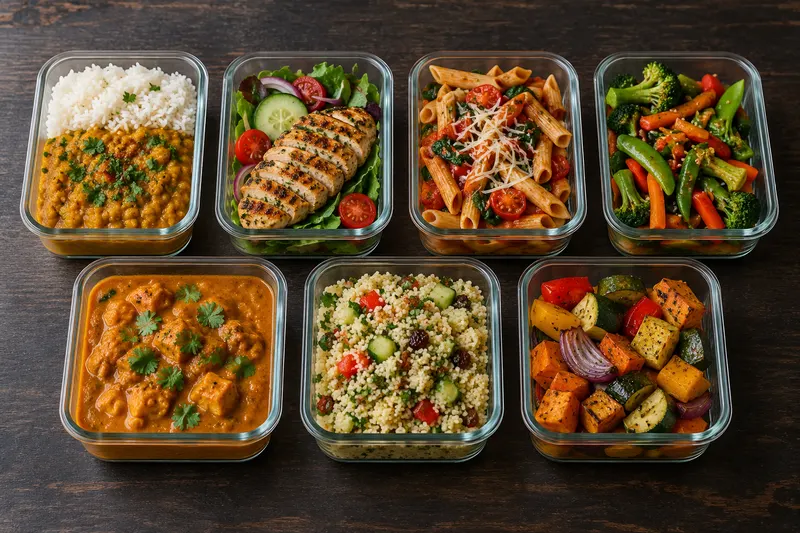 Seven prepared meal portions in glass containers
