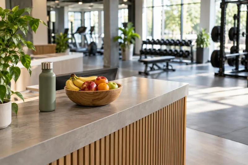 A gym reception counter with a bowl of fruit and a water bottle