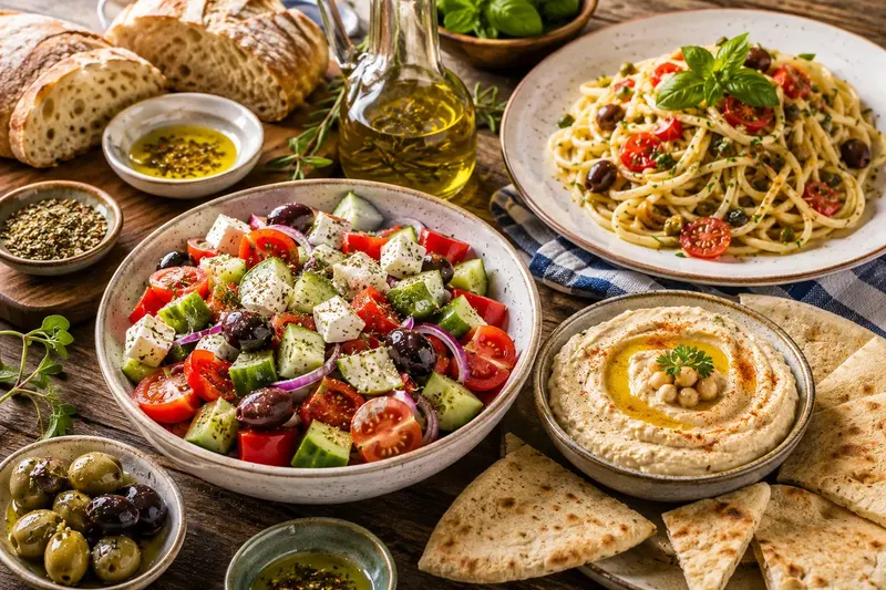 A Mediterranean spread of salad, olives and grilled vegetables